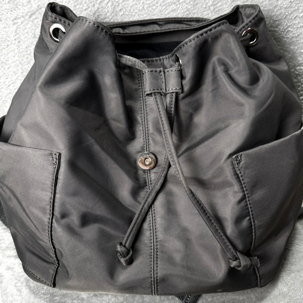 Charcoal Gray Nylon Drawstring Travel Backpack Magnetic Flap Closure‎ Adjustable